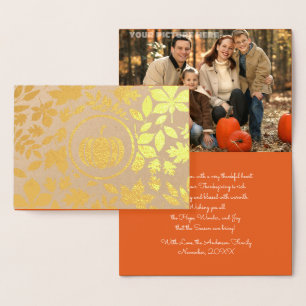 Custom Photo Autumn Leaves Pumpkin Thanksgiving Foil Card