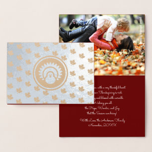 Custom Photo Autumn Leaves, Turkey Thanksgiving Foil Card