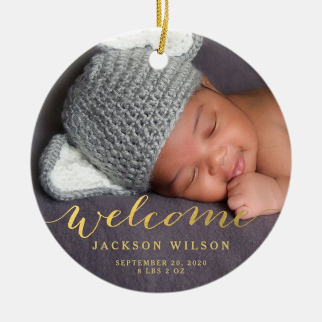 Custom Photo Baby Birth Announcement Gold Script Ceramic Ornament (Front)