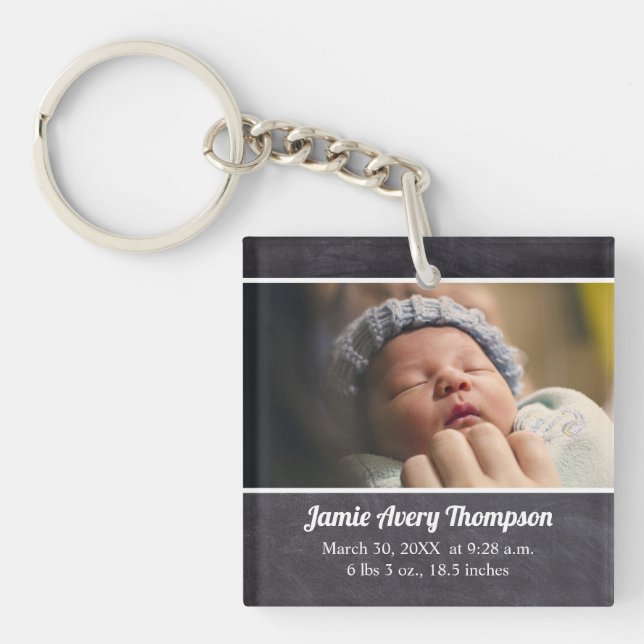 Custom Photo baby birth date and stats chalkboard Key Ring (Front)