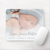 Custom Photo Baby Birth Stats Grey Script Mouse Pad (With Mouse)