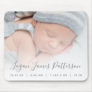 Custom Photo Baby Birth Stats Grey Script Mouse Pad