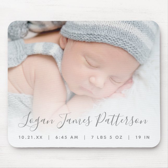 Custom Photo Baby Birth Stats Grey Script Mouse Pad (Front)