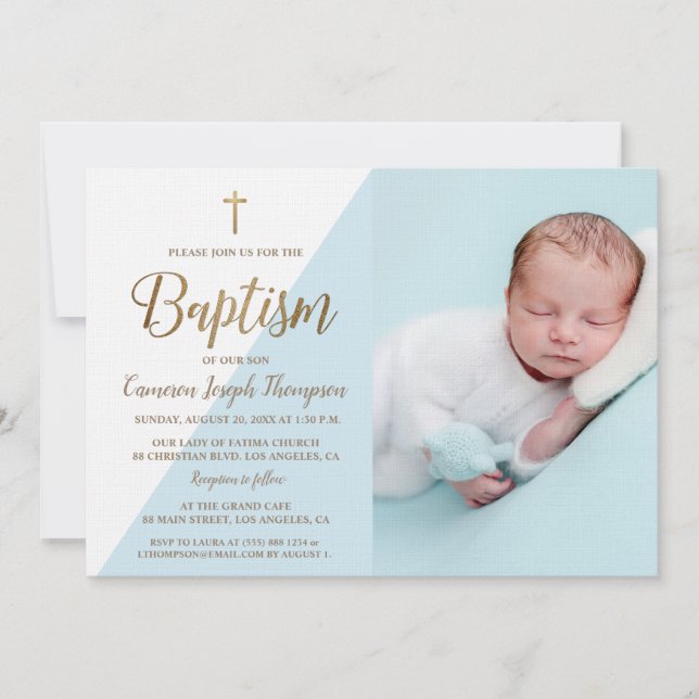 Custom Photo Baby Boy Baptism Gold Cross blue Invitation (Front)