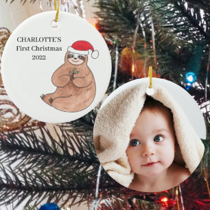 Custom Photo Baby Girl's First Christmas Sloth Ceramic Ornament