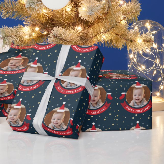 Custom Photo Baby Santa Hat Christmas Holiday Wrapping Paper (Holidays)