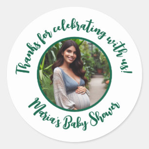 Custom Photo Baby Shower Modern Script Thank You Classic Round Sticker