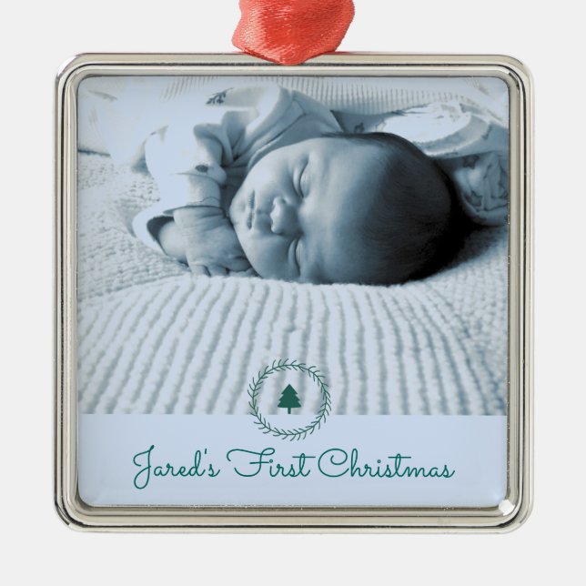Custom Photo Baby's First Christmas Metal Ornament (Front)