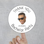 Custom Photo Bachelor Party Thank You Classic Round Sticker<br><div class="desc">Custom bachelor party thank you stickers in black and white, personalised with a name and featuring a picture with the text "thank you for coming". To make a face cut-out, you can edit the design and use Zazzle's remove background tool, or use any design app and upload a transparent png...</div>