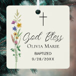 Custom Photo Baptism Wildflower Ceramic Metal Tree Decoration<br><div class="desc">This floral Baptism photo keepsake ornament features wildflowers and a cross with stylish script typography on a soft cream background.
Easily customisable with your details and photo.
Original Watercolor © Michele Davies.</div>