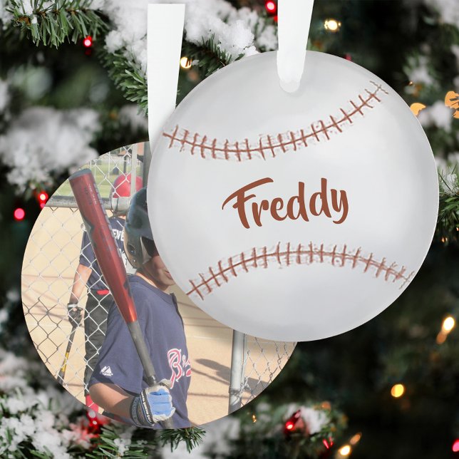 Custom Photo Baseball Simple Typography  Ornament (Baseball Christmas Personalized Photo Ornament.)
