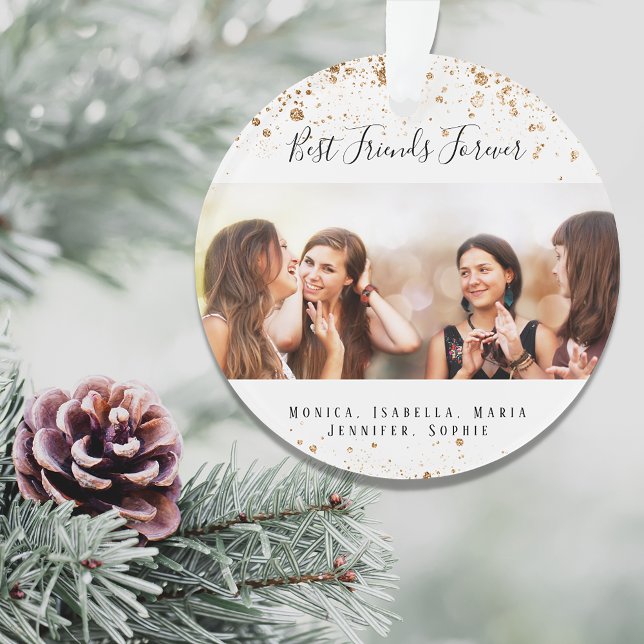 Custom photo best friends forever gold glitter ornament (Creator Uploaded)
