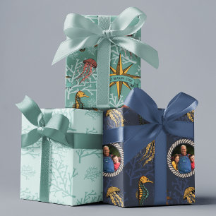 Custom Photo Best Grandpa Ever Sea Life Nautical Wrapping Paper Sheet