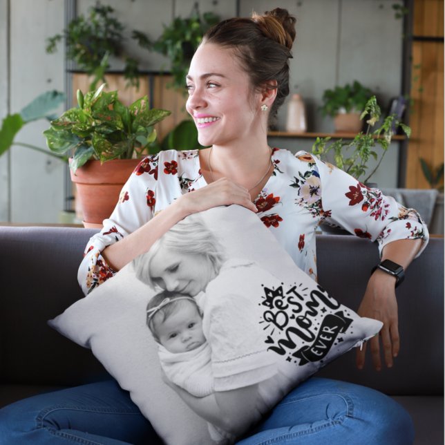 Custom Photo Best Mum Ever Pink Gold Stripe Back T Cushion (Creator Uploaded)
