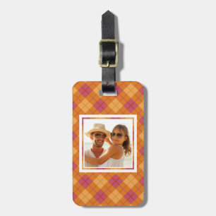 Custom Photo Bias Plaid in Orange and Pink Luggage Tag