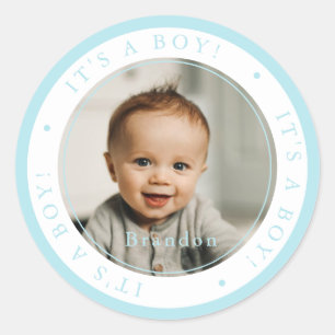 Custom photo birth boy occasion simple classic round sticker