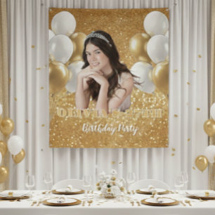 Custom Photo Birthday Backdrop,  gold & white Tapestry