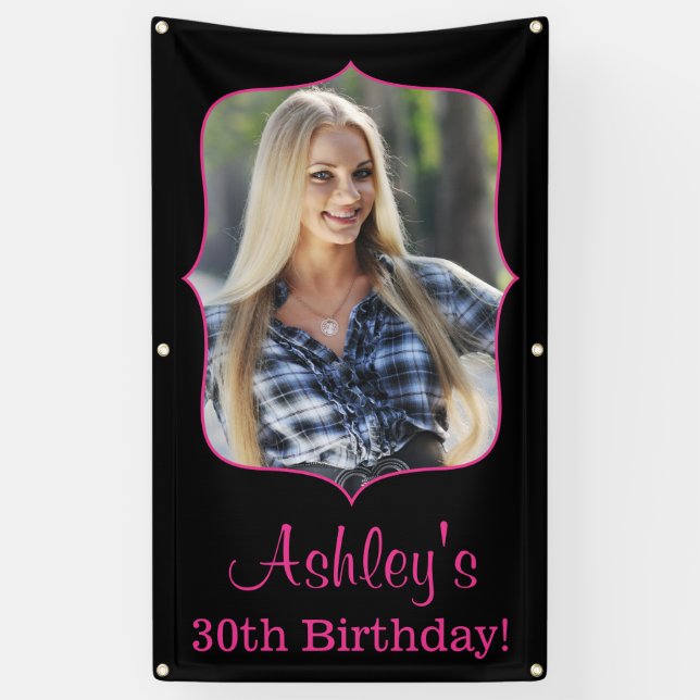 Custom Photo Birthday Banner Pink Black (Vertical)