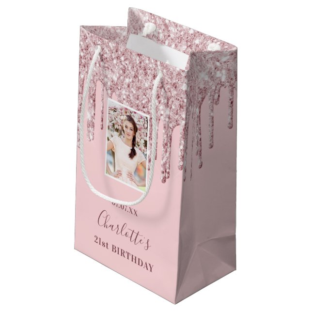 Custom photo birthday blush pink glitter drips small gift bag (Back Angled)