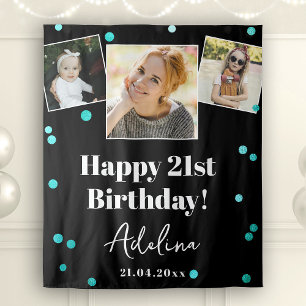 Custom Photo Birthday Party Modern Teal Backdrop Tapestry
