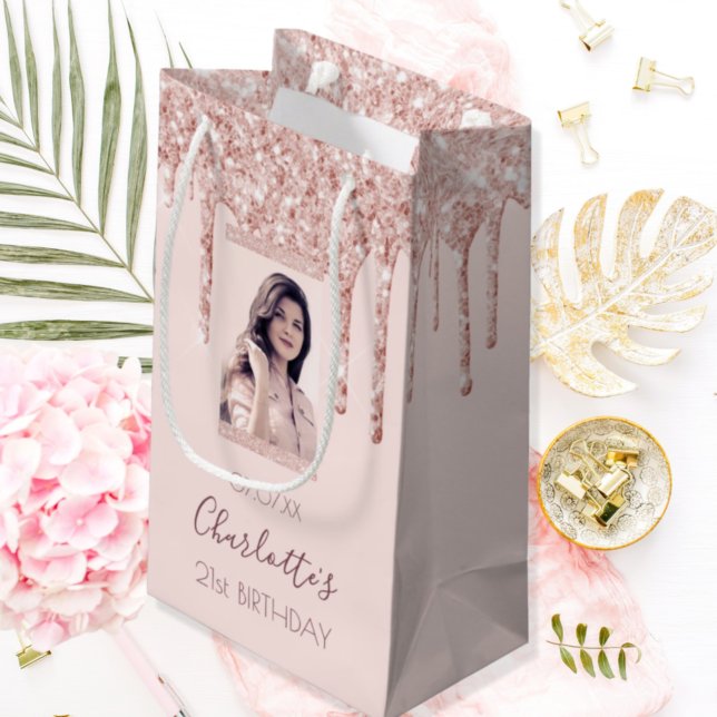 Custom photo birthday rose gold glitter pink small gift bag (Creator Uploaded)