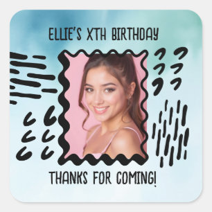 Custom Photo Birthday Sketchy Doodle Watercolor Square Sticker