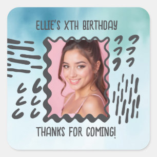 Custom Photo Birthday Sketchy Doodle Watercolor Square Sticker