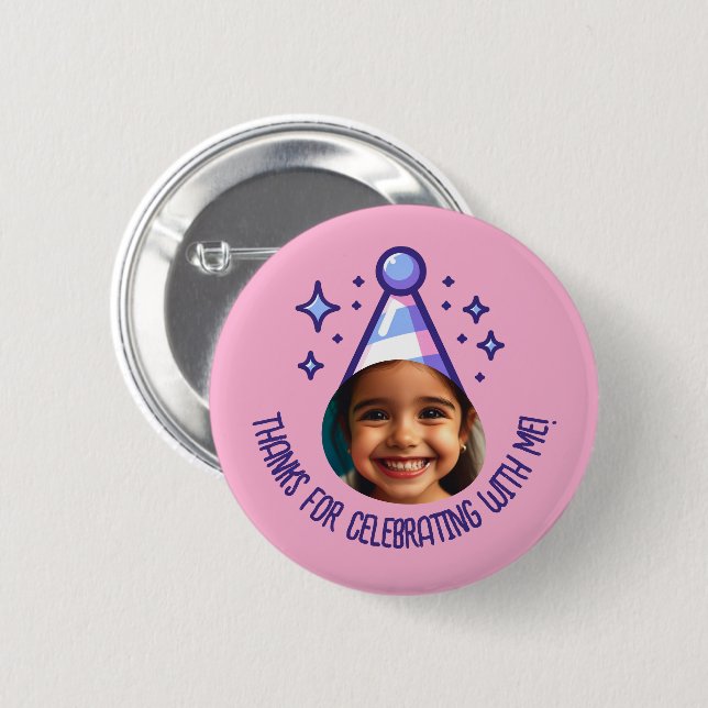 Custom Photo Birthday Thanks Party Hat Favours 6 Cm Round Badge (Front & Back)