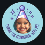 Custom Photo Birthday Thanks Party Hat Favours Classic Round Sticker<br><div class="desc">These festive stickers make the perfect party favours or thank you expressions for celebrating birthdays. Personalise with the birthday kid's photo and name. You can also change the colours of the text.</div>