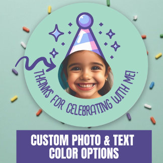Custom Photo Birthday Thanks Party Hat Favours Classic Round Sticker
