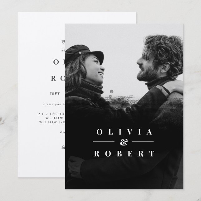Custom Photo Black Abstract Silver Wedding Invitation (Front/Back)