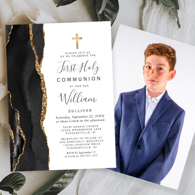Custom Photo Black Agate Gold First Holy Communion Invitation (Creator Uploaded)