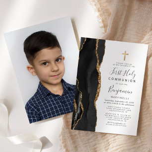 Custom Photo Black Agate Gold First Holy Communion Invitation