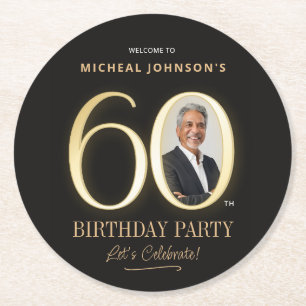 Custom Photo Black and Gold 60th Birthday Round Paper Coaster