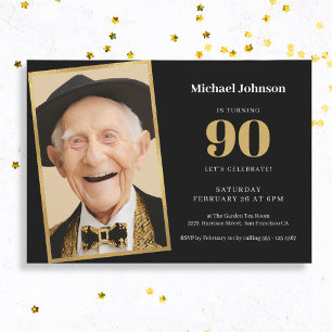 Custom Photo Black and Gold 90th Birthday Party Invitation