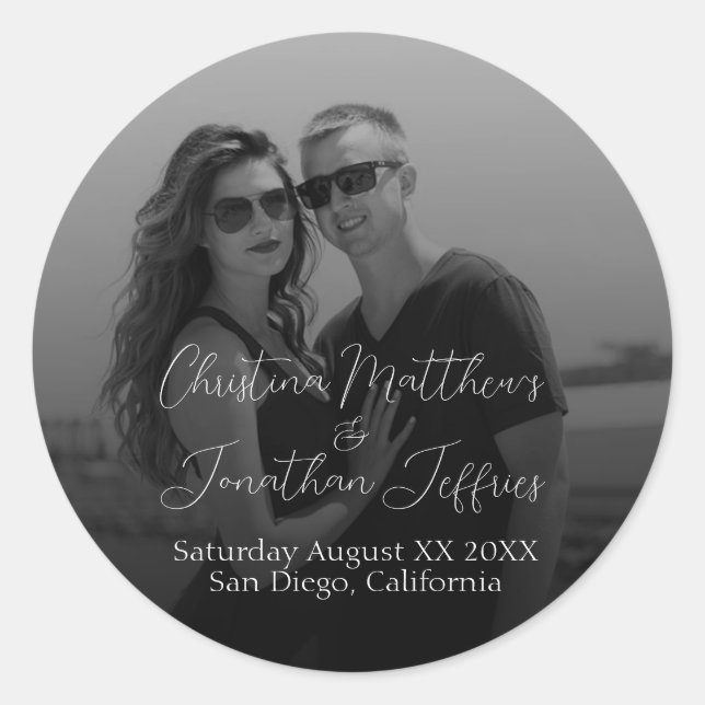 Custom Photo Black and White Wedding Classic Round Sticker (Front)