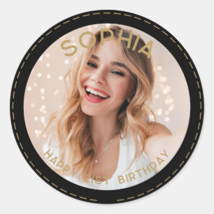 Custom Photo Black Gold Modern 21st Birthday Classic Round Sticker