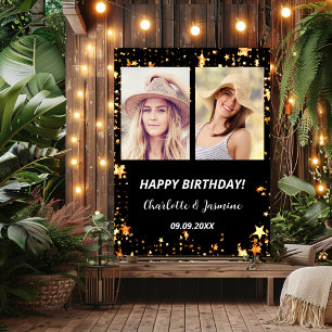 Custom photo black gold stars 2 persons birthday poster