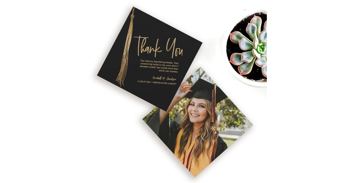 Custom Photo Black Gold Tassel Unique Graduation Thank You Card | Zazzle