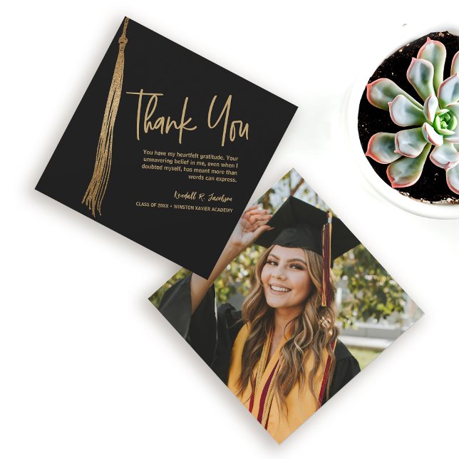 Custom Photo Black Gold Tassel Unique Graduation Thank You Card (Unique, creative Black gold tassel graduation photo thank you card.)