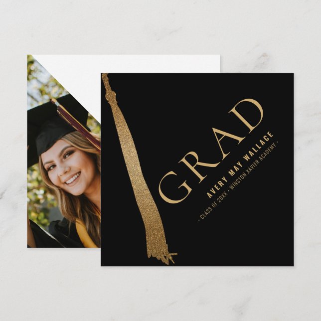 Custom Photo Black Gold Tassel Unique Graduation Thank You Card (Front/Back)