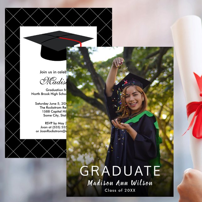 Custom Photo Black Grad Cap Graduation Party Invitation (Custom Photo Black Grad Cap Graduation Party Invitation)