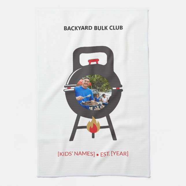 Custom Photo Black Kettlebell BBQ Dad Grill Badge Tea Towel (Vertical)