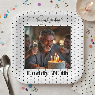 Custom Photo Black Polka Dot Daddy 70th Birthday  Paper Plate