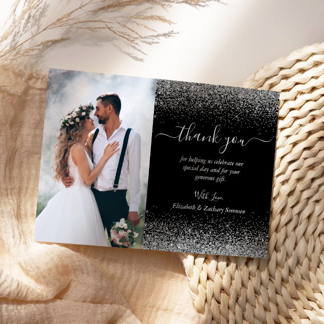 Custom Photo Black Silver Glitter Wedding Thank You Card (Creator Uploaded)