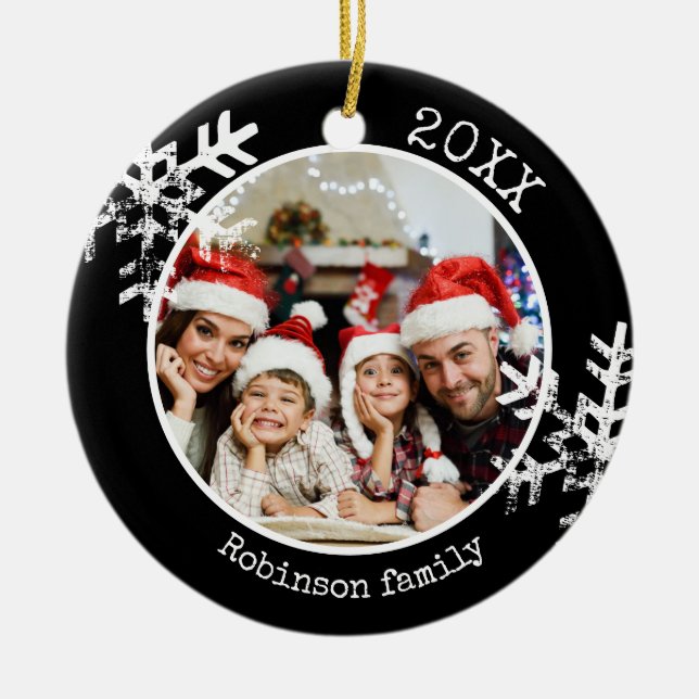 Custom Photo Black Snowflake Circle Ornament (Front)