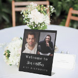 Custom photo black white friends birthday welcome pedestal sign<br><div class="desc">A photo welcome sign for 2 persons,  friends,  siblings,  twins.  Black background,  white text.  Personalise and add 2 photos,  names and date(s)</div>