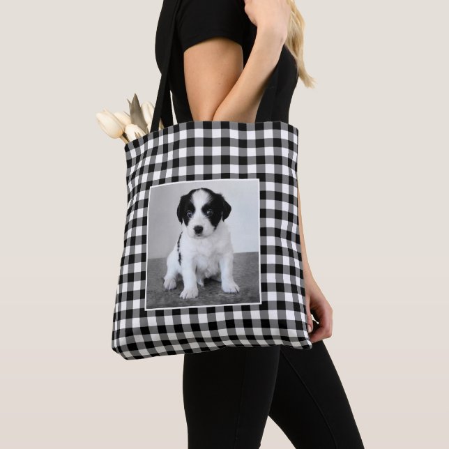 Custom Photo Black White Gingham Pattern Frame Tote Bag (Close Up)
