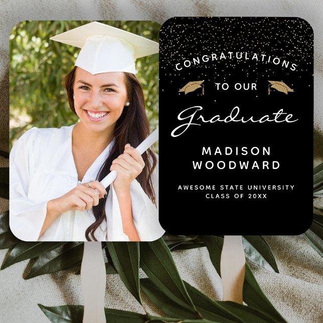 Custom Photo Black White Gold Graduation Hand Fan (Creator Uploaded)