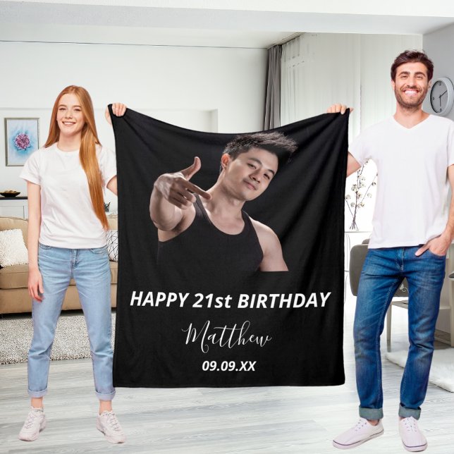 Custom photo black white modern guy birthday fleece blanket (Creator Uploaded)